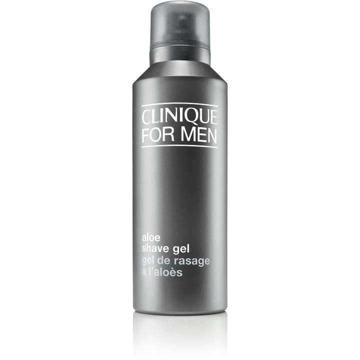 Clinique For Men Aloe Shave Gel 125ml beroligende barbergel i mørkegrå sprayflaske med gjennomsiktig kork.