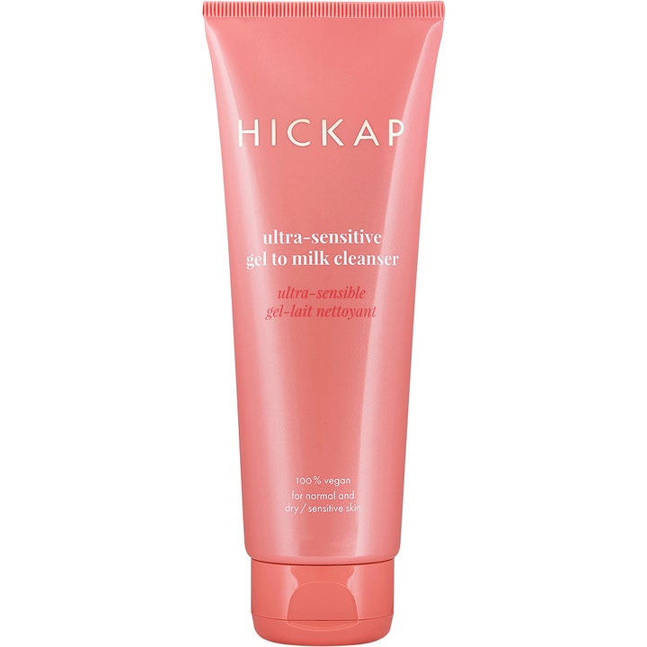 Hickap Ultra-sensitive Gel to Milk Cleanser 125 ml beroligende ansiktsrens i en rosa tube med hvit tekst