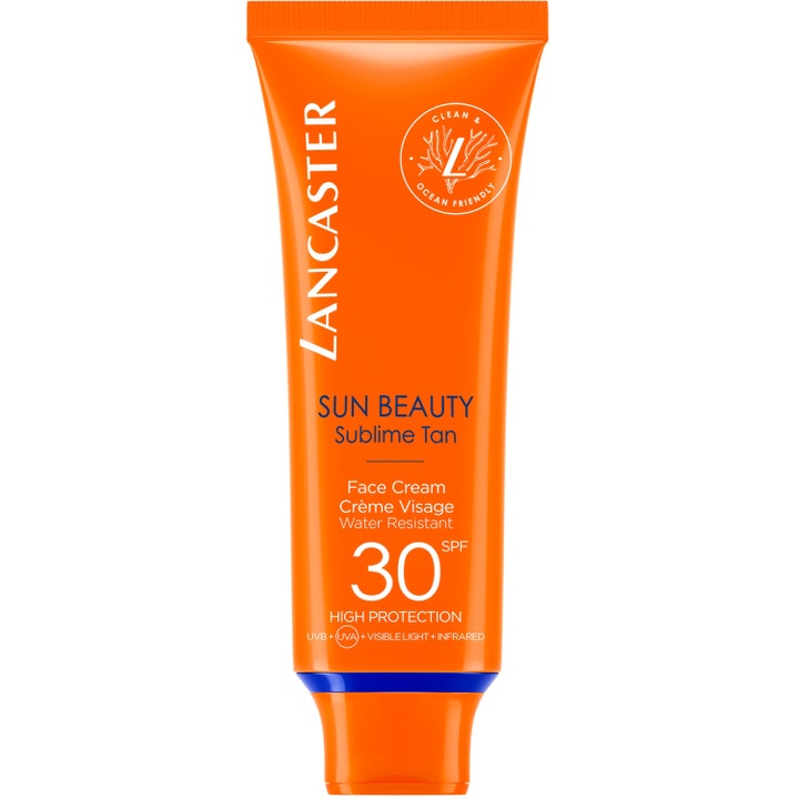Lancaster Sun Beauty Face Cream SPF30 50ml solkrem som gir beskyttelse i oransje tube med hvit logo.