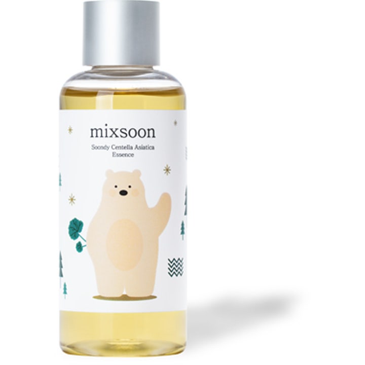 Mixsoon Soondy Centella Asiatica Essence 100ml beroligende ansiktspleie i klar flaske med sølvlokk og isbjørnfigur