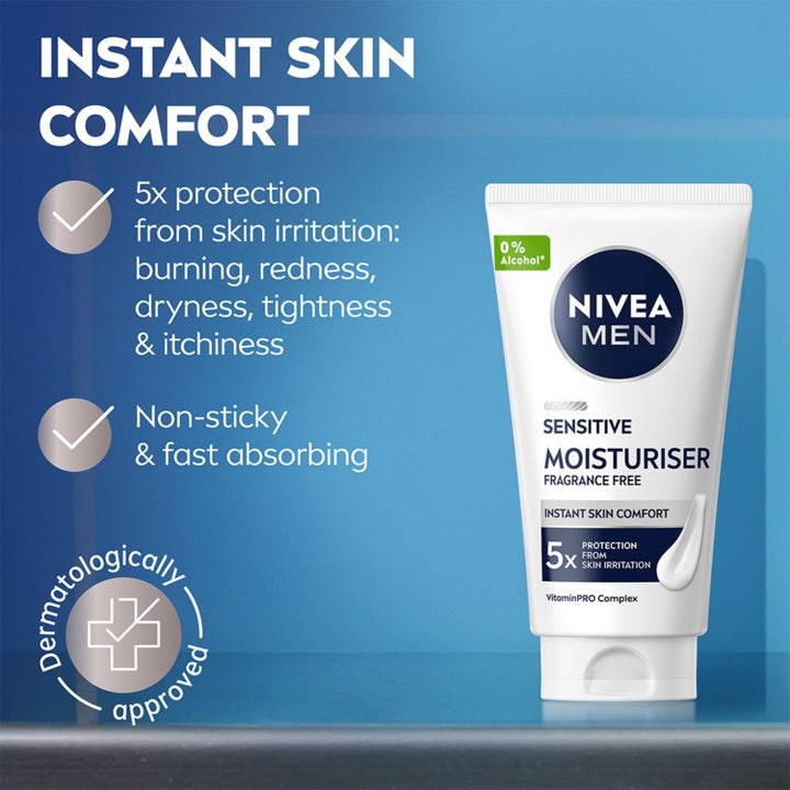 NIVEA Men Sensitive Face Cream 75 ml ansiktskrem i hvit tube og eske med 0% alkohol som lindrer irritasjon.