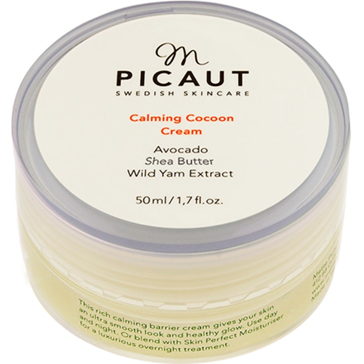 M. Picaut Calming Cocoon Cream 50 ml beroligende ansiktskrem med avokado i en gjennomsiktig krukke som gir glød.