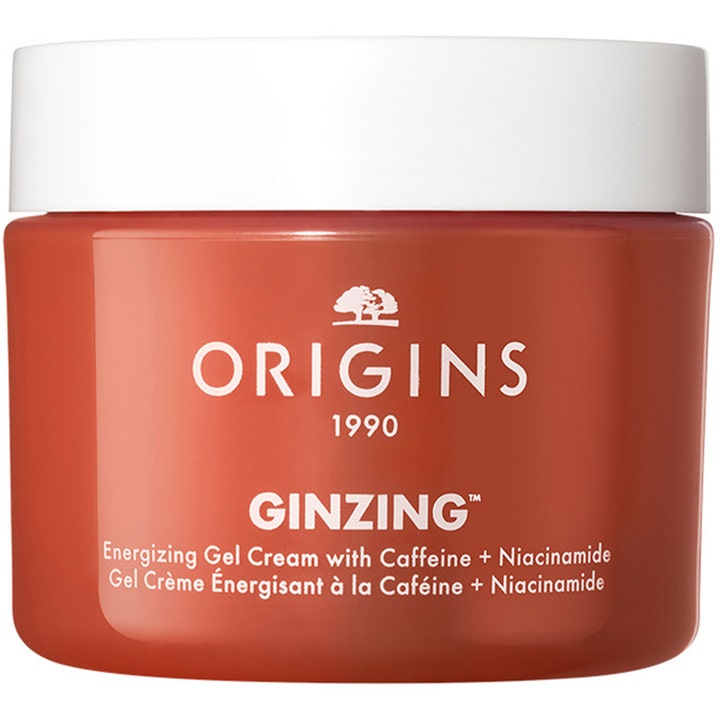 Origins Ginzing Energizing Gel Cream 50ml energigivende ansiktskrem med koffein i en oransje krukke med hvitt lokk.