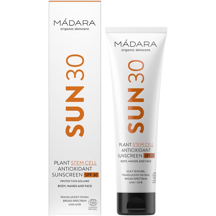 MÁDARA SUN30 Sunscreen 100 ml beskyttende solkrem i hvit tube og eske med oransje tekst og SPF 30.