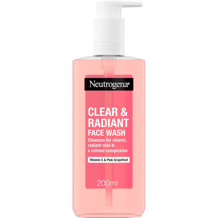 Neutrogena Clear & Radiant Face Wash 200ml ansiktsrens med vitamin C og grapefrukt i rosa gjennomsiktig pumpeflaske