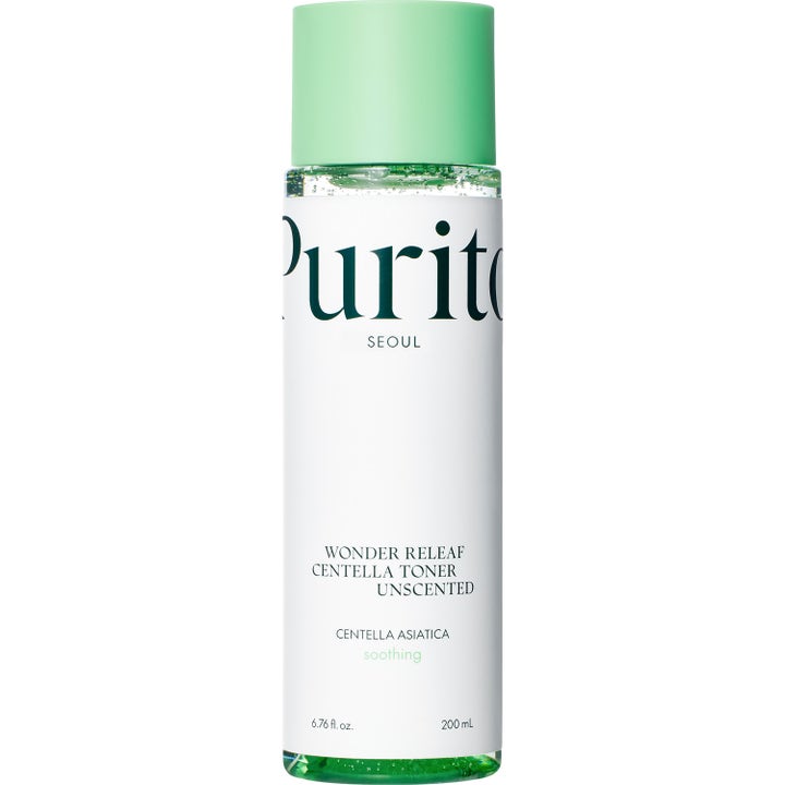 Purito Wonder Releaf Centella Toner Unscented 200 ml beroligende toner i klar plastflaske med lysegrønn kork