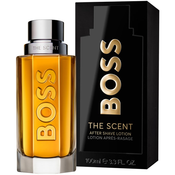 Hugo Boss Boss The Scent After Shave Lotion 100 ml beroligende aftershave i glassflaske med ravfarget væske og sort eske