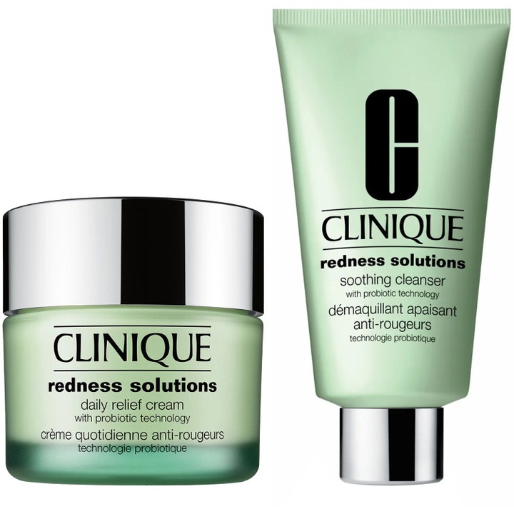 Clinique Redness Solutions beroliger rødhet med ansiktskrem i lysegrønn krukke og ansiktsrens på tube med sølvlokk