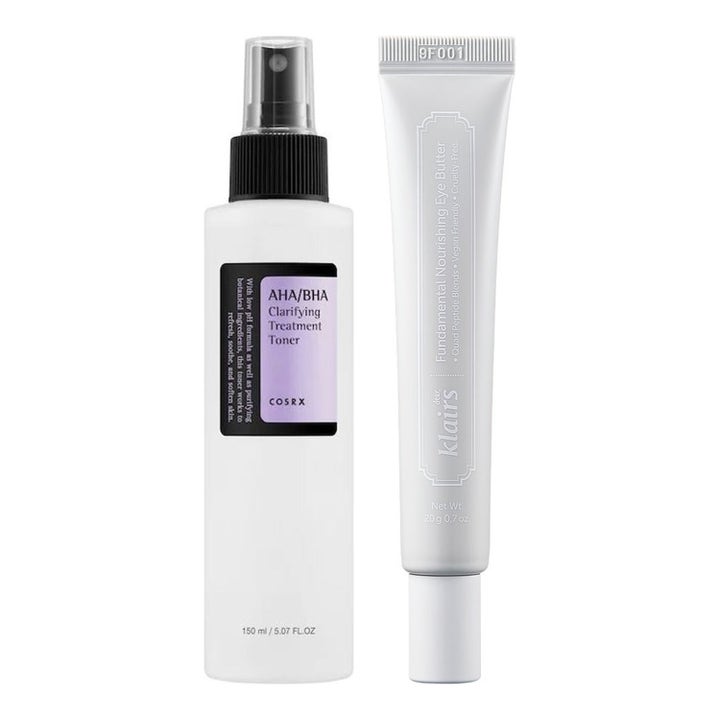 COSRX AHA/BHA Toner 150ml og Klairs Eye Butter 20g eksfolierende pleie i hvit sprayflaske og hvit tube