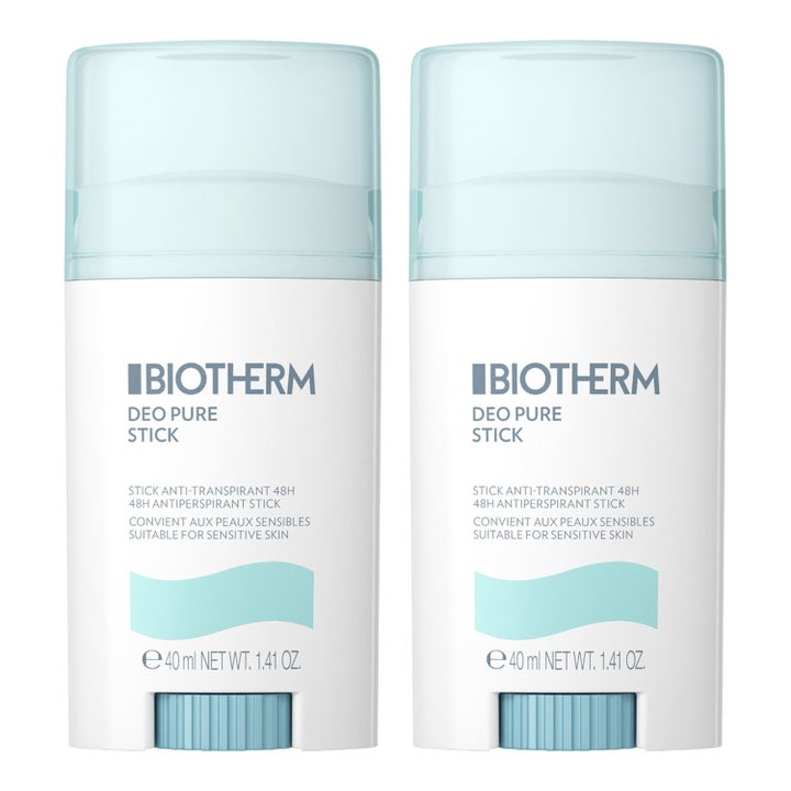 Biotherm Deo Pure Stick 2 x 40 ml antiperspirant for sensitiv hud i hvite hylser med lyseblå gjennomsiktige lokk.