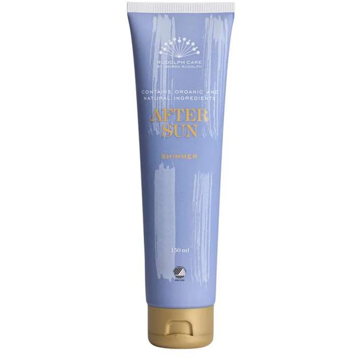 Rudolph Care After Sun Shimmer 150 ml beroligende aftersun som gir glød i lilla tube med gulldetaljer og hvit dekor