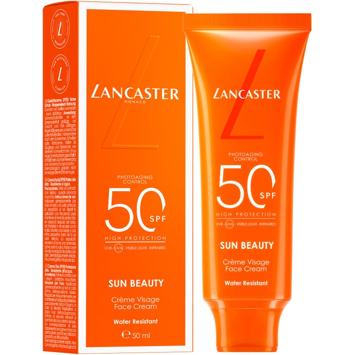 Lancaster Sun Beauty Face Cream SPF50 50 ml vannresistent solkrem for ansiktet i oransje tube med Photoaging Control