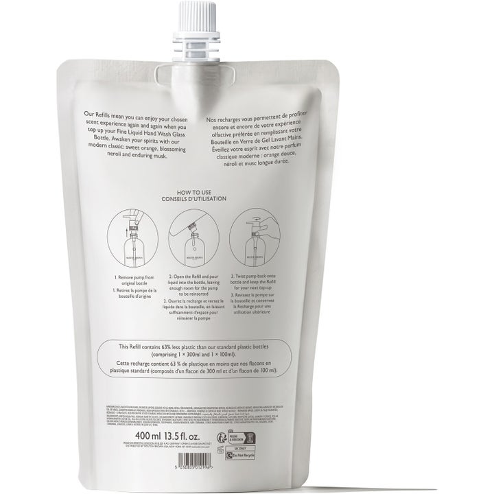 Molton Brown Orange & Bergamot 400 ml refill håndsåpe baksiden av posen viser instruksjoner for påfylling.