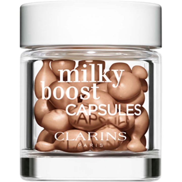 Clarins Milky Boost Capsules 30 stk glødgivende sminkekapsler i en klar glasskrukke med hvitt lokk