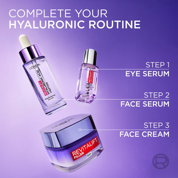 L'Oréal Paris Revitalift Filler 30 ml fuktighetsgivende serum i en rutine med øyeserum og ansiktskrem