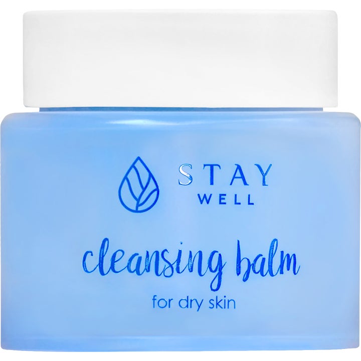 Stay Well Cleansing Balm for tørr hud er en fuktighetsgivende rens i lyseblå krukke med hvitt lokk.
