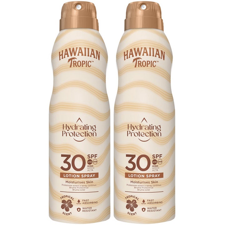 Hawaiian Tropic Hydrating Protection SPF 30 2 stk fuktgivende solspray i hvite flasker med bølgemønster og bronsekorker.