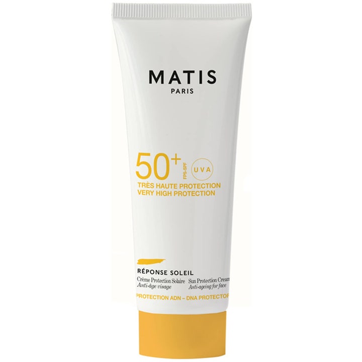 Matis Réponse Soleil Sun Protection Cream SPF 50+ beskyttende anti-age solkrem i hvit tube med gult lokk