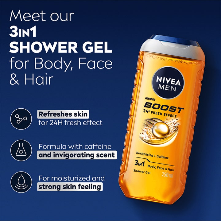 NIVEA Men Boost Shower Gel 250 ml oppfriskende 3-i-1 dusjsåpe i oransje flaske med koffein og 24 timers friskhet