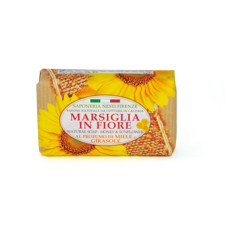 Nesti Firenze Marsiglia In Fiore 200g fast såpe gir pleie i papiremballasje med gule solsikker og bikubemønster
