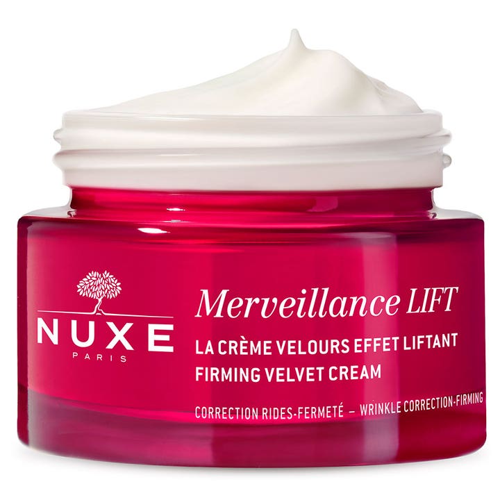 Nuxe Merveillance LIFT Firming Velvet Cream 50 ml oppstrammende dagkrem i rød krukke med hvit tekstur