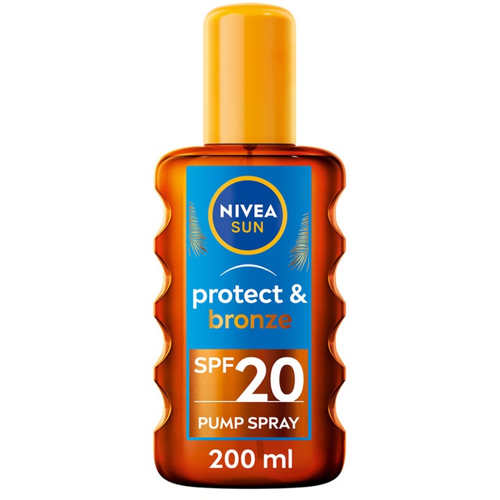 Nivea Sun Protect & Bronze 200 ml solbeskyttelse i oransje sprayflaske med bølgete grep som gir naturlig farge