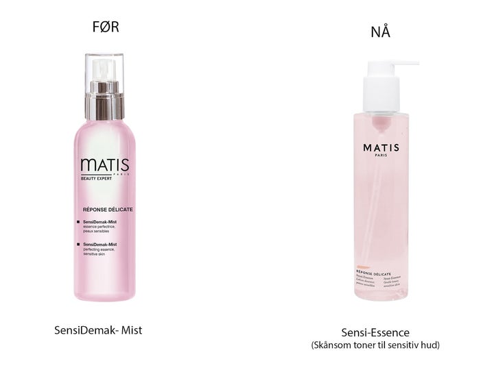 Matis Délicate Sensi-Essence 200 ml beroligende ansiktsvann viser gammel sprayflaske og ny flaske med hvit pumpe.
