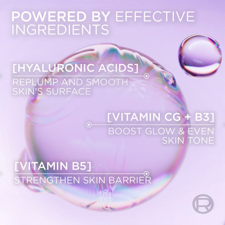 L'Oréal Paris Revitalift Filler Glass Skin 50 ml ansiktskrem med hyaluronsyre og vitamin B5 i lilla dråper