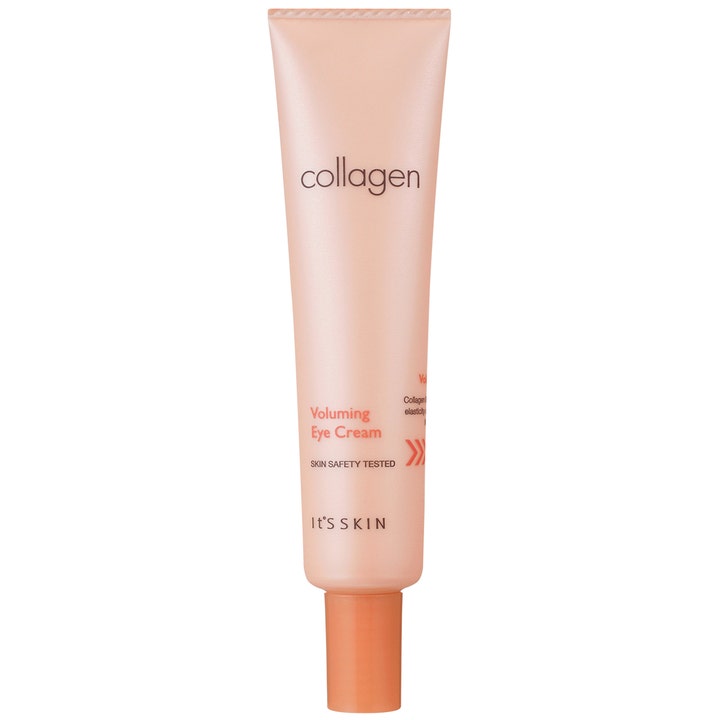 It'S SKIN Collagen Voluming Eye Cream øyekrem for elastisitet i en slank ferskenfarget tube med oransje skrukork.