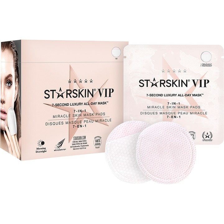 Starskin VIP 7-Second Luxury All-Day Mask 18 stk pleiende ansiktspads i lyserosa forpakning med hvite teksturerte pads