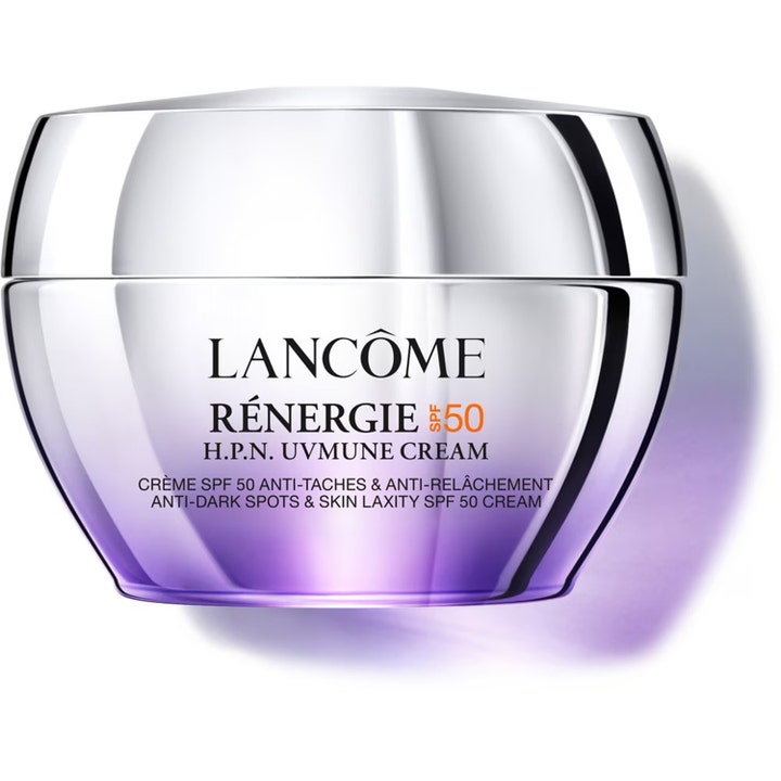 Lancôme Rénergie H.P.N. Uvmune Cream 50 ml i sølvfarget krukke med lilla bunn motvirker mørke flekker.