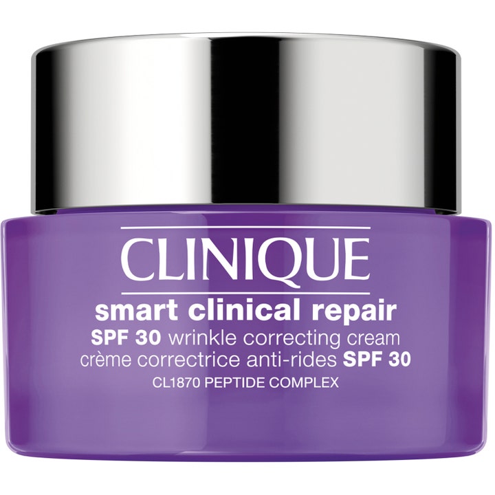 Clinique Smart Clinical Repair SPF 30 ansiktskrem mot rynker i lilla glasskrukke med skinnende sølvlokk