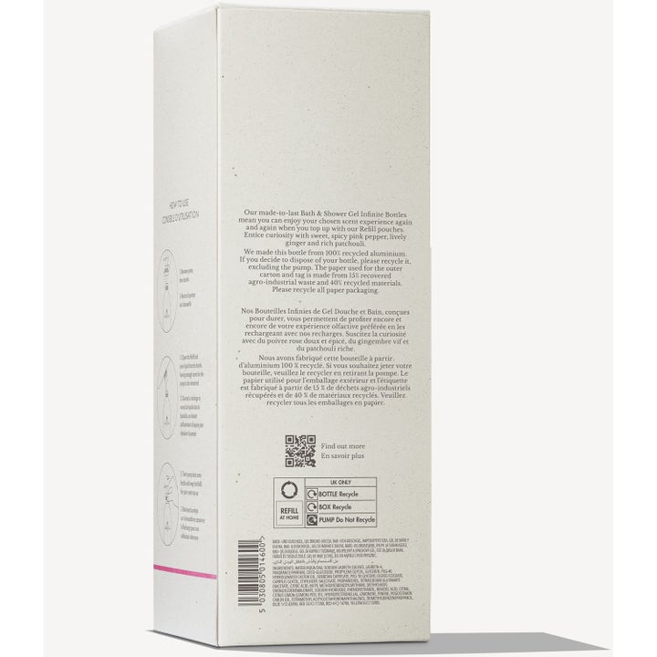 Molton Brown Infinite Bottle Fiery Pink Pepper Bath & Shower Gel 400 ml baksiden av beige eske med instruksjoner