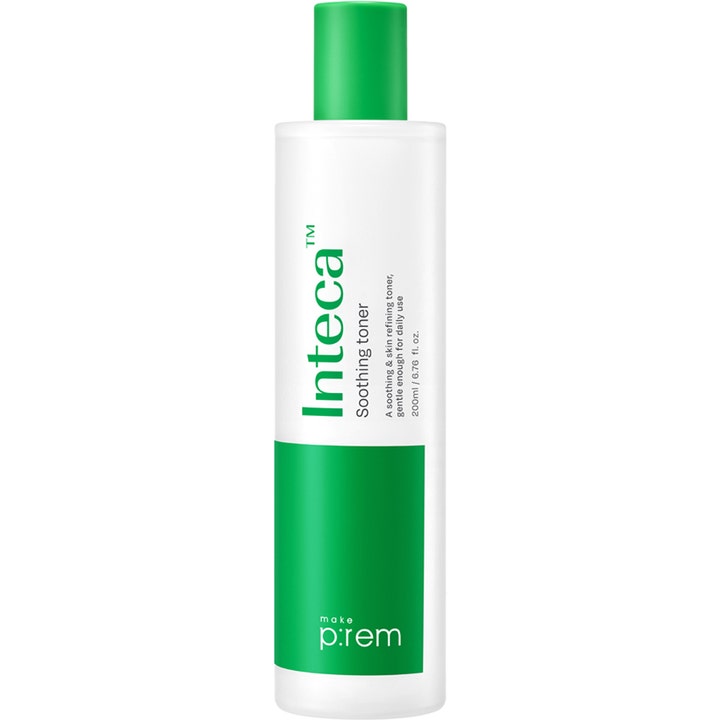 make p:rem Inteca Soothing Toner 200 ml beroligende ansiktsvann i hvit sylindrisk flaske med grønn kork og detaljer