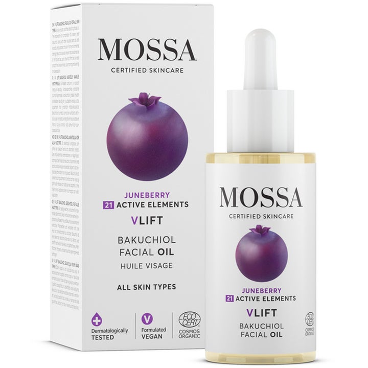 Mossa VLIFT Bakuchiol Facial Oil oppstrammende ansiktsolje i glassflaske med hvit pipette og lilla bærdekor