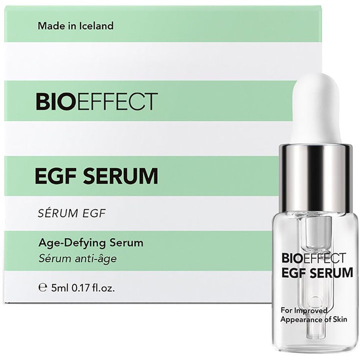 BIOEFFECT EGF Serum 5 ml anti-age ansiktsserum i liten glassflaske med sølvtopp foran en hvit og mintgrønn eske