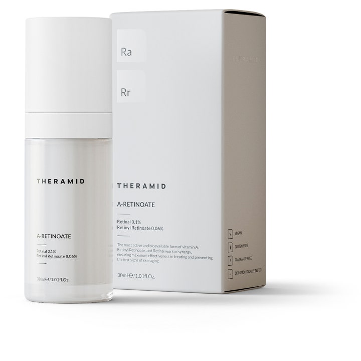 Niche Beauty Lab Theramid A-Retinyl 30 ml anti-aging serum i hvit pumpeflaske med tilhørende eske