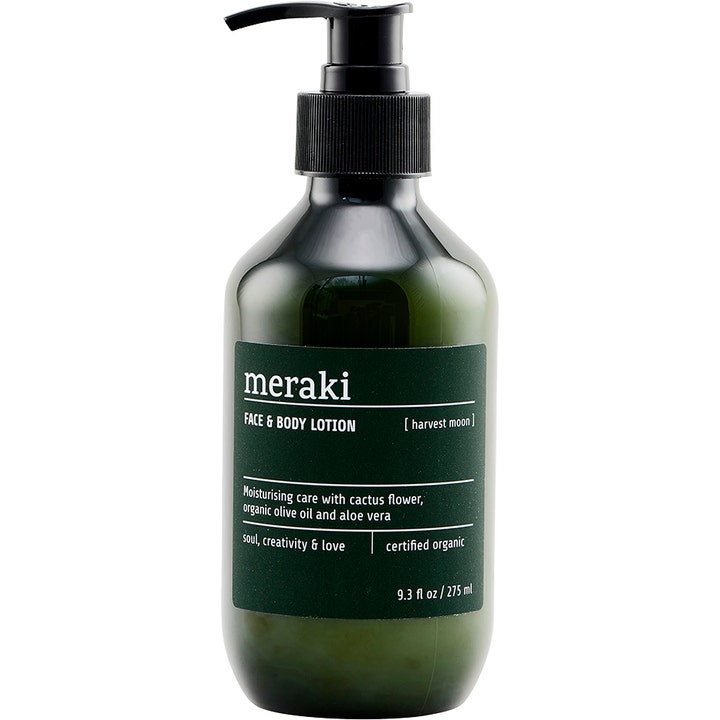 Meraki Harvest Moon Face & Body Lotion 275 ml fuktighetsgivende hudpleie i mørkegrønn flaske med sort pumpe.