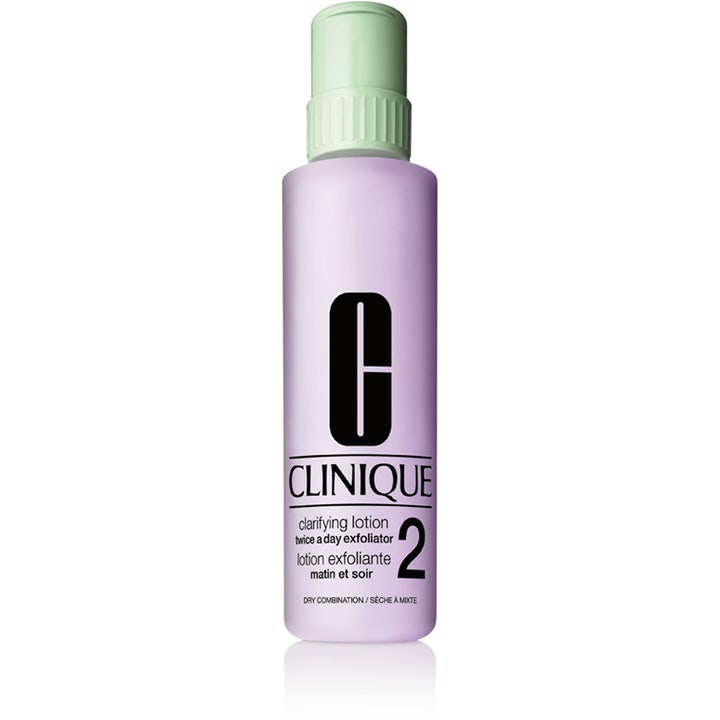 Clinique Clarifying Lotion 2 200 ml eksfolierende ansiktsvann som gir glød i lilla flaske med mintgrønn kork.