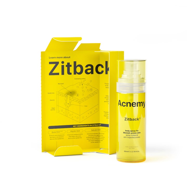 Niche Beauty Lab Acnemy Zitback 80 ml kroppsspray mot kviser i gul sprayflaske med ytteremballasje