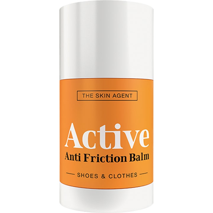 The Skin Agent Active Anti Friction Balm forebygger gnagsår og friksjon i en hvit stift med en oransje etikett.