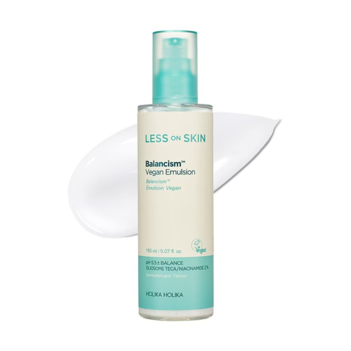 Holika Holika Less On Skin Balancism Vegan Emulsion 150 ml balanserende ansiktsemulsjon i flaske med hvit kremtekstur.