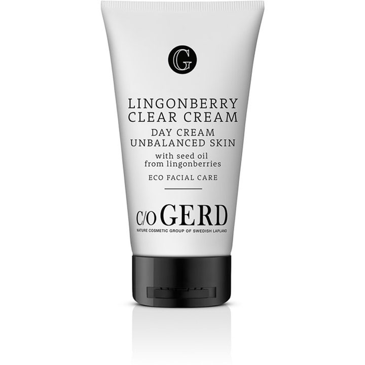 C/O Gerd Lingonberry Clear Cream balanserer ubalansert hud i en hvit tube med tyttebærfrøolje og svart kork