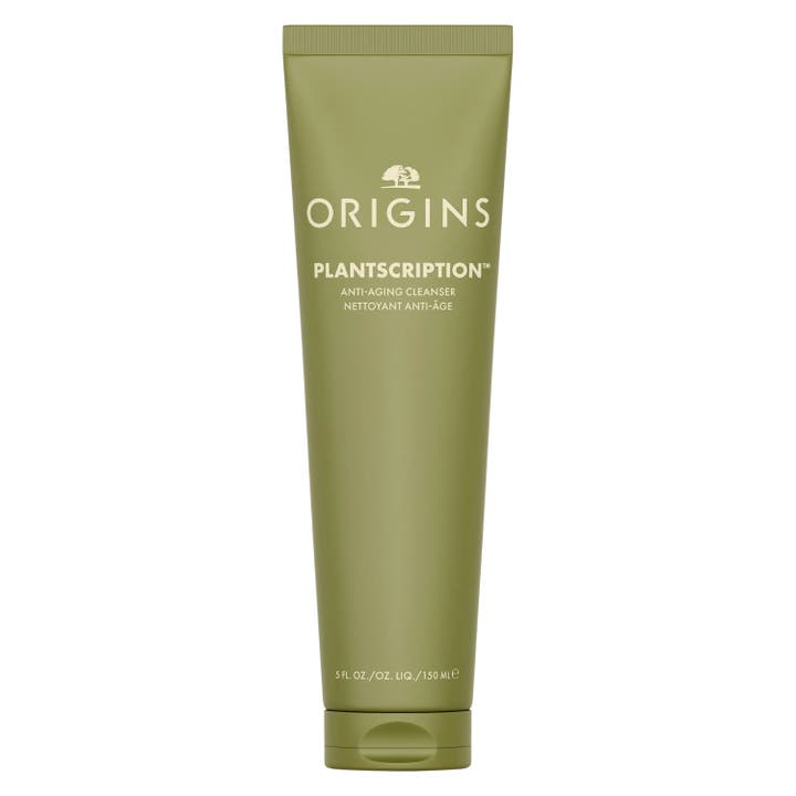 Origins Plantscription Anti-Aging Cleanser 150ml anti-age ansiktsrens i mosegrønn tube med hvit etikett og gullkork