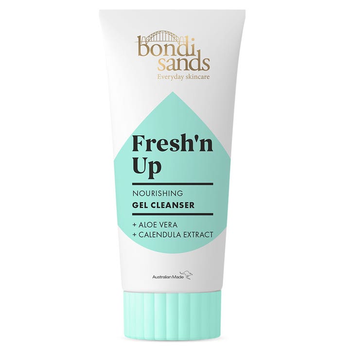 Bondi Sands Fresh'n Up Nourishing Gel Cleanser nærende ansiktsrens i hvit tube med mintgrønn dråpe og lokk.