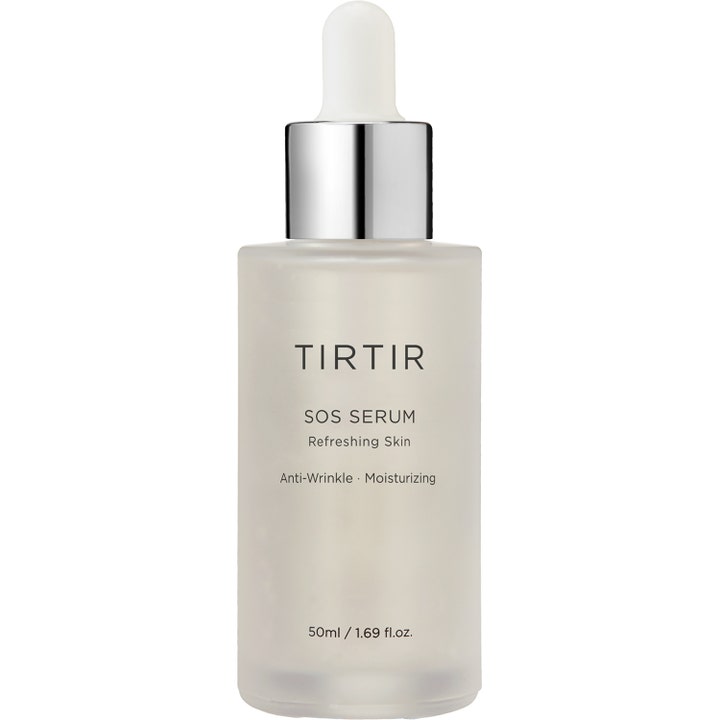 Tirtir SOS Serum 50 ml fuktighetsgivende ansiktsserum i frostet glassflaske med sølvkork og pipette.