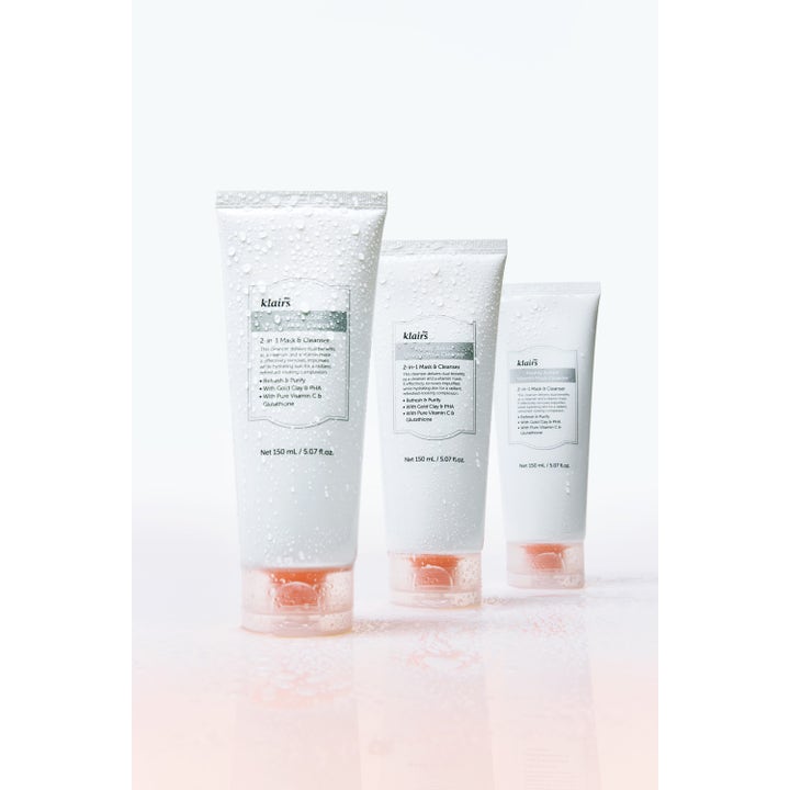 Klairs Freshly Juiced Vitamin Mask Cleanser 150 ml ansiktsrengjøring med vitamin C i tre hvite tuber med vanndråper.