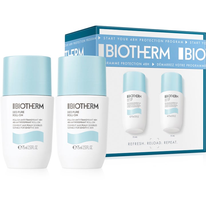 Biotherm Deo Pure Roll-On 2 x 75 ml antiperspirant duo gir 48 timers beskyttelse i hvite flasker med lyseblå korker