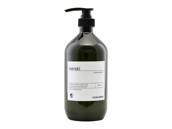 Meraki Forest Garden 1000 ml oppvaskmiddel gir skinnende ren oppvask i en mørkegrønn flaske med sort pumpe.