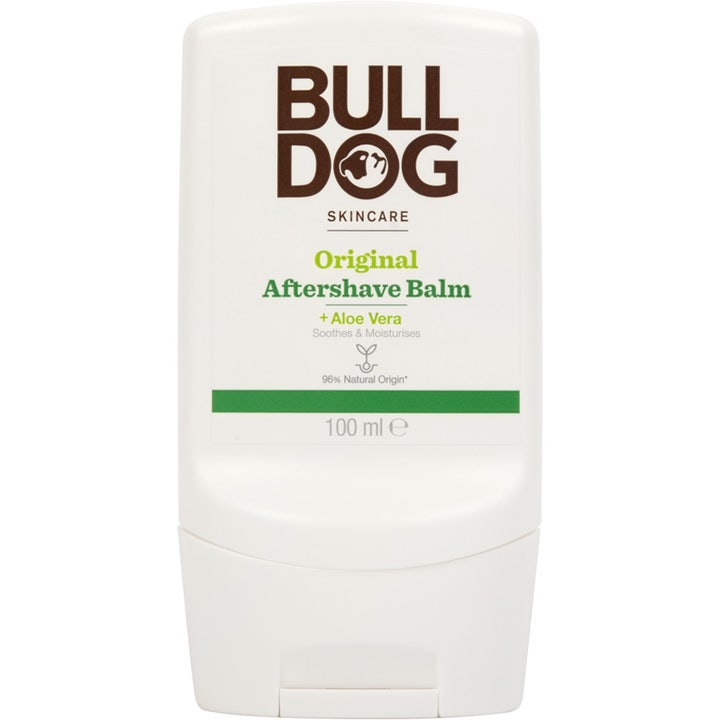 Bulldog Original Aftershave Balm 100 ml beroligende etterbarbering i hvit plasttube med aloe vera og grønn stripe
